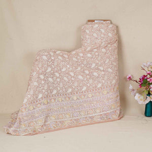 Peach Pink Floral Thread Sequins Embroidery Chikankari Georgette Fabric DR-28279 - TradeUNO