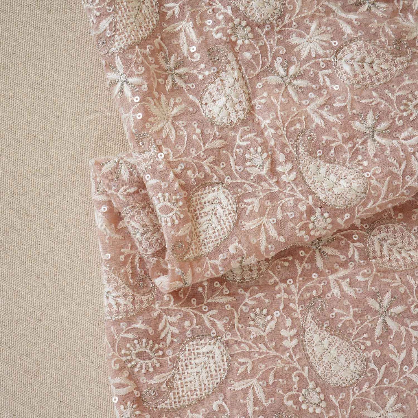 Peach Pink Floral Thread Sequins Embroidery Chikankari Georgette Fabric DRAJ-28279