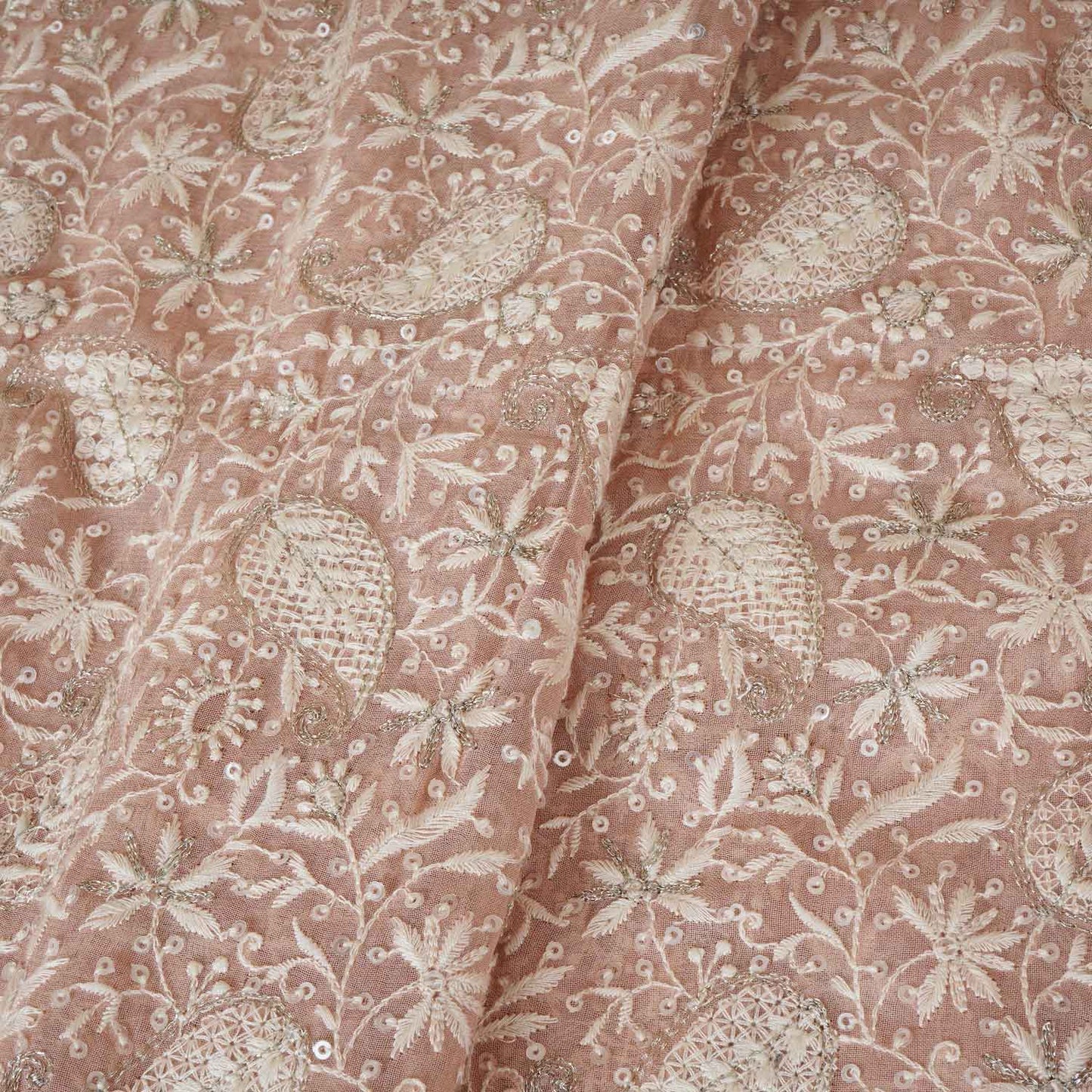Peach Pink Floral Thread Sequins Embroidery Chikankari Georgette Fabric DRAJ-28279