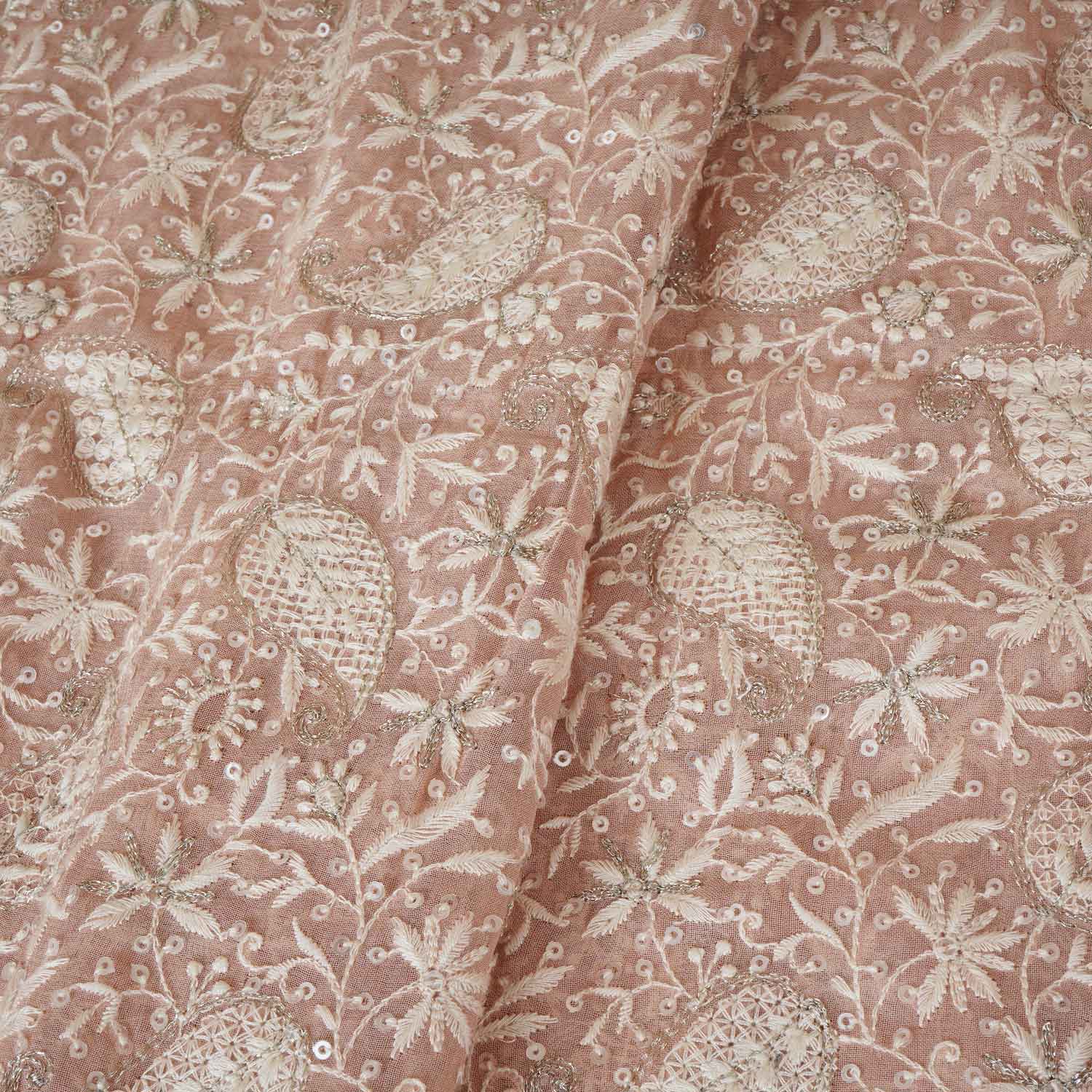 Peach Pink Floral Thread Sequins Embroidery Chikankari Georgette Fabric DR-28279 - TradeUNO