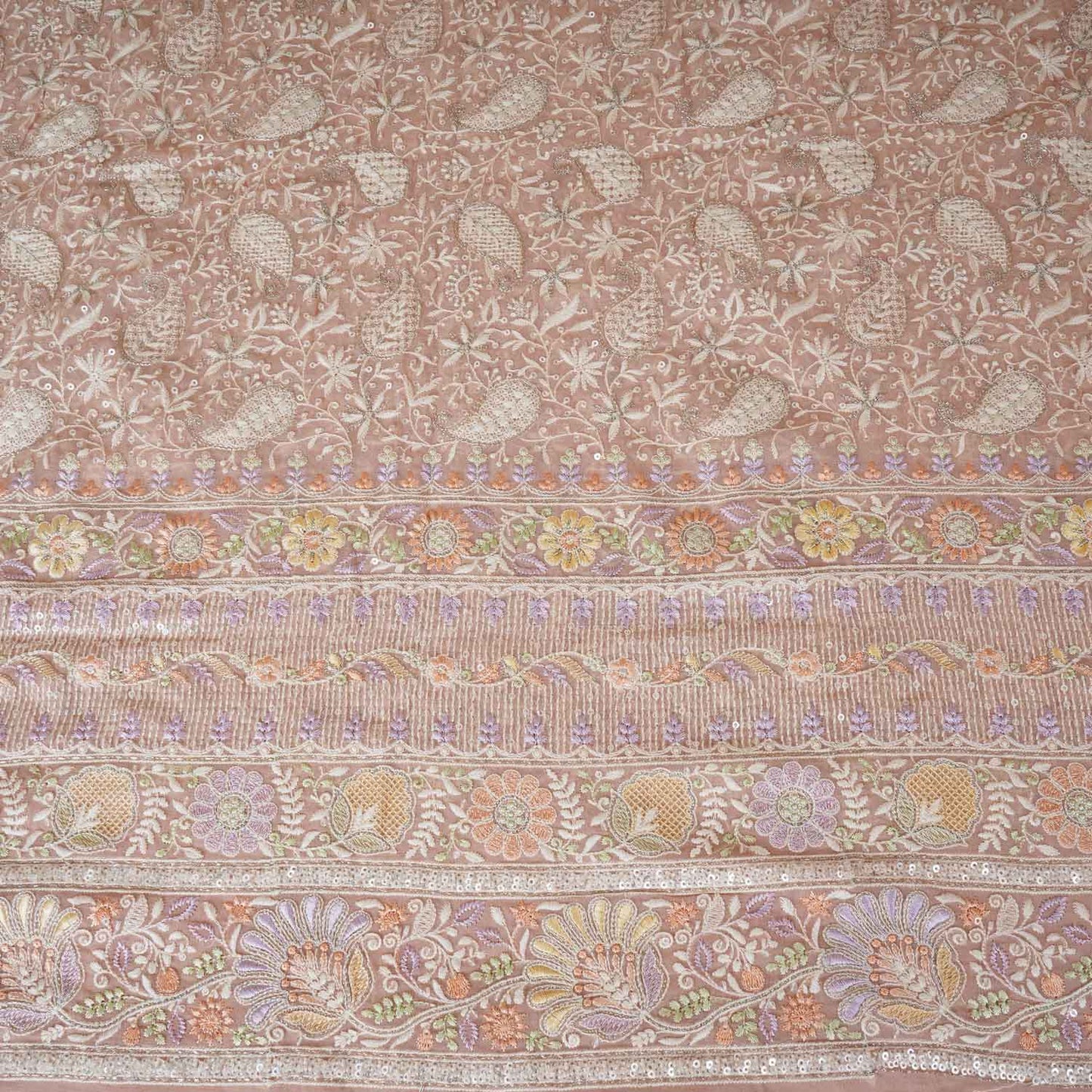 Peach Pink Floral Thread Sequins Embroidery Chikankari Georgette Fabric DRAJ-28279