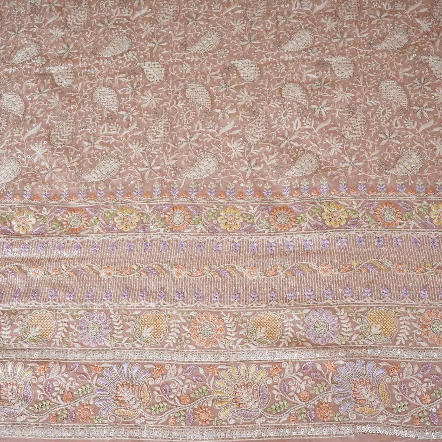 Peach Pink Floral Thread Sequins Embroidery Chikankari Georgette Fabric DR-28279 - TradeUNO