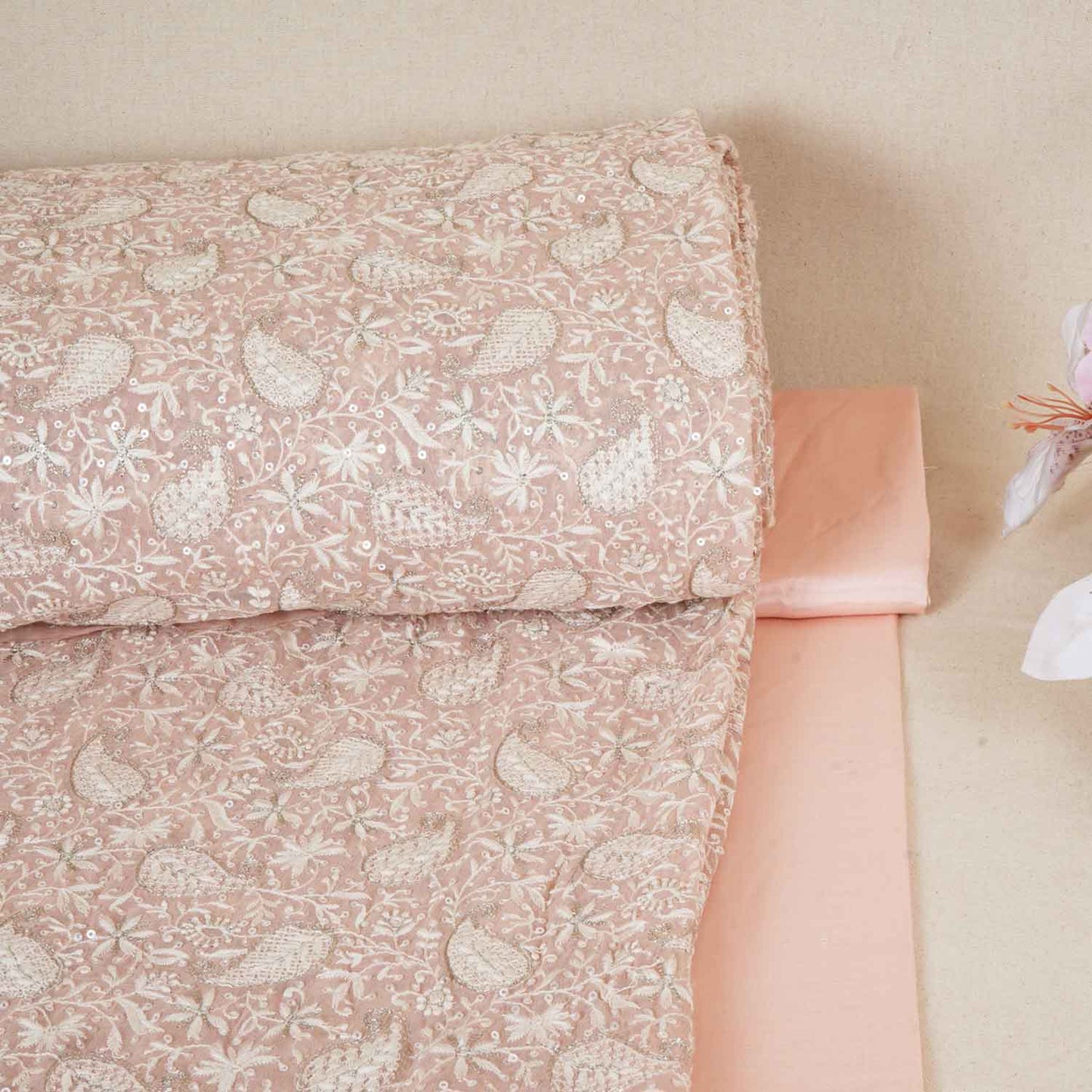 Peach Pink Floral Thread Sequins Embroidery Chikankari Georgette Fabric DRAJ-28279