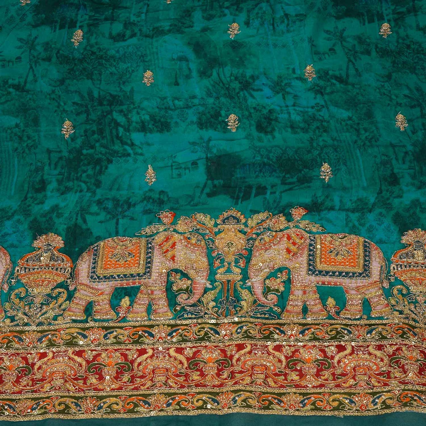 Teal Green Traditional Zari Embroidery Georgette Fabric SC-27905