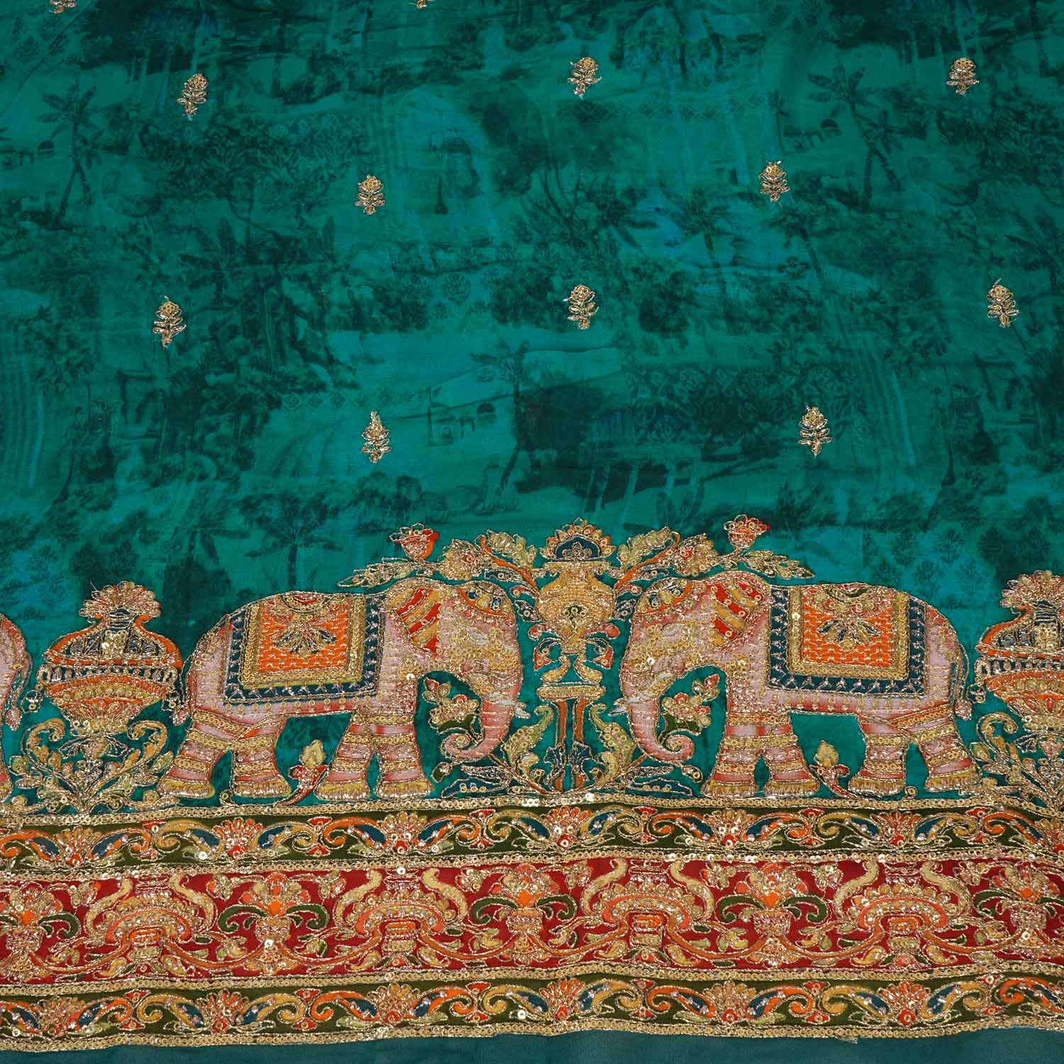 Teal Green Traditional Zari Embroidery Georgette Fabric SC-27905