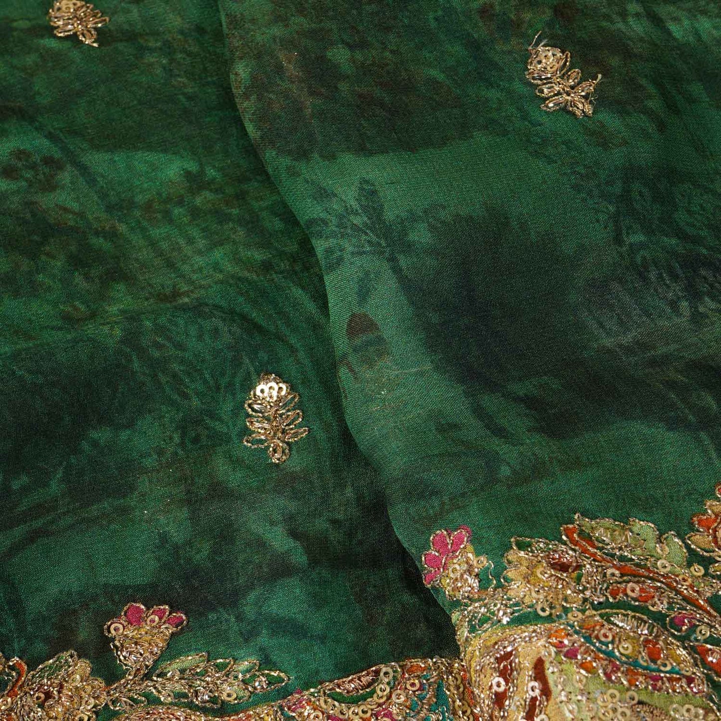 Dark Green Traditional Zari Embroidery Georgette Fabric SC-27906