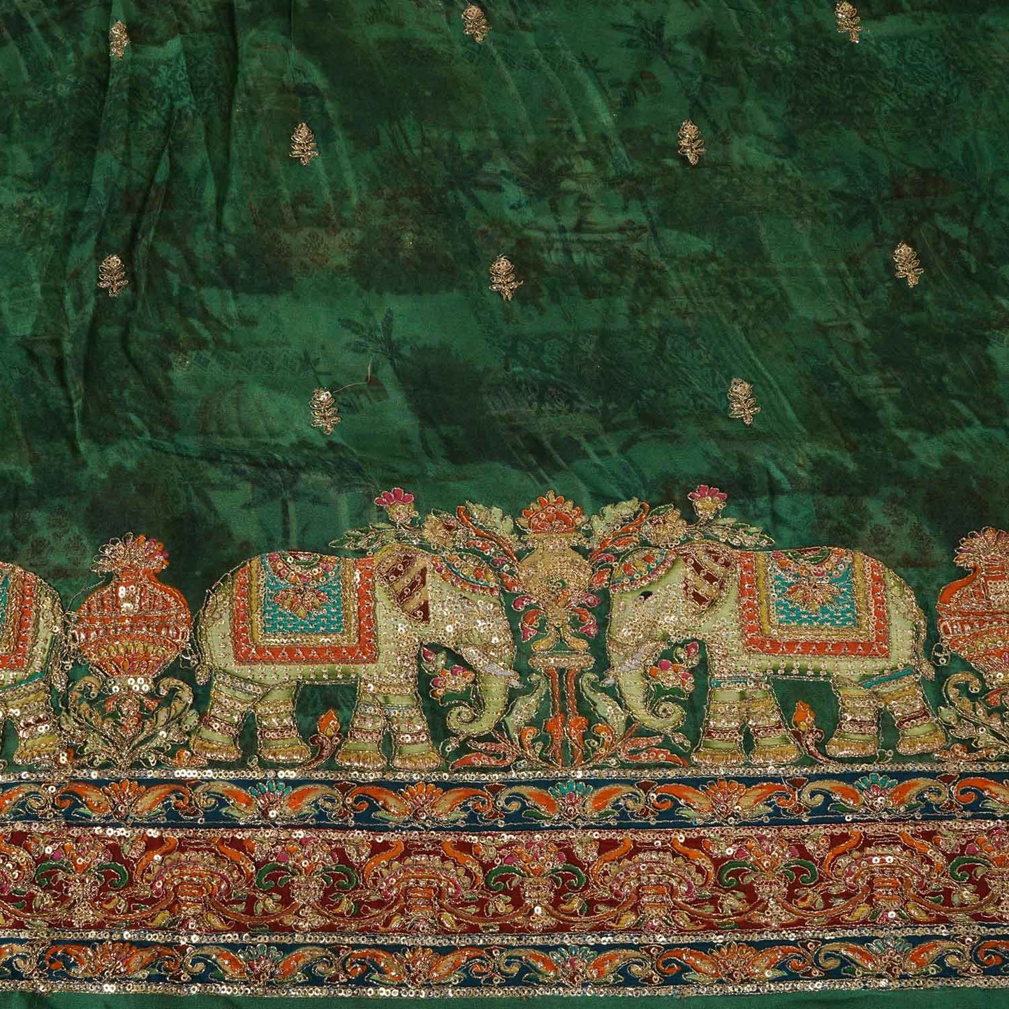 Dark Green Traditional Zari Embroidery Georgette Fabric SC-27906