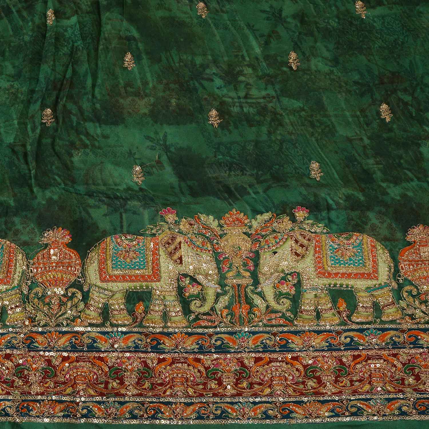 Dark Green Traditional Zari Embroidery Georgette Fabric SC-27906