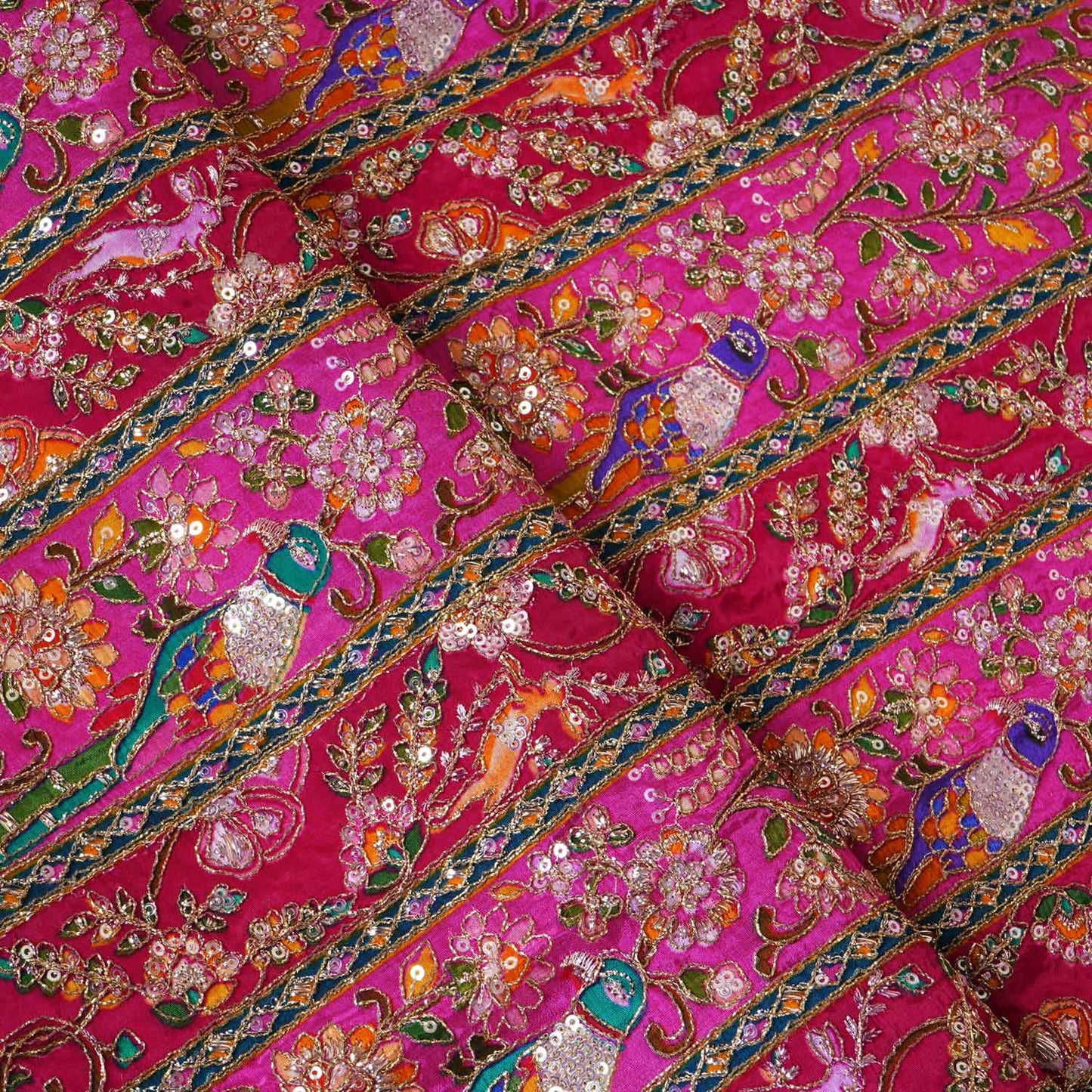 Magenta with Multicolour Zari Embroidery Crepe Fabric HCS-27907