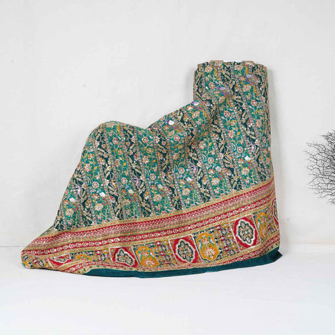 Teal Blue With Multicolour Zari Embroidery Crepe Fabric HCS-27908