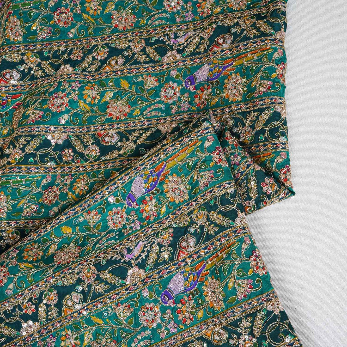 Teal Blue With Multicolour Zari Embroidery Crepe Fabric HCS-27908