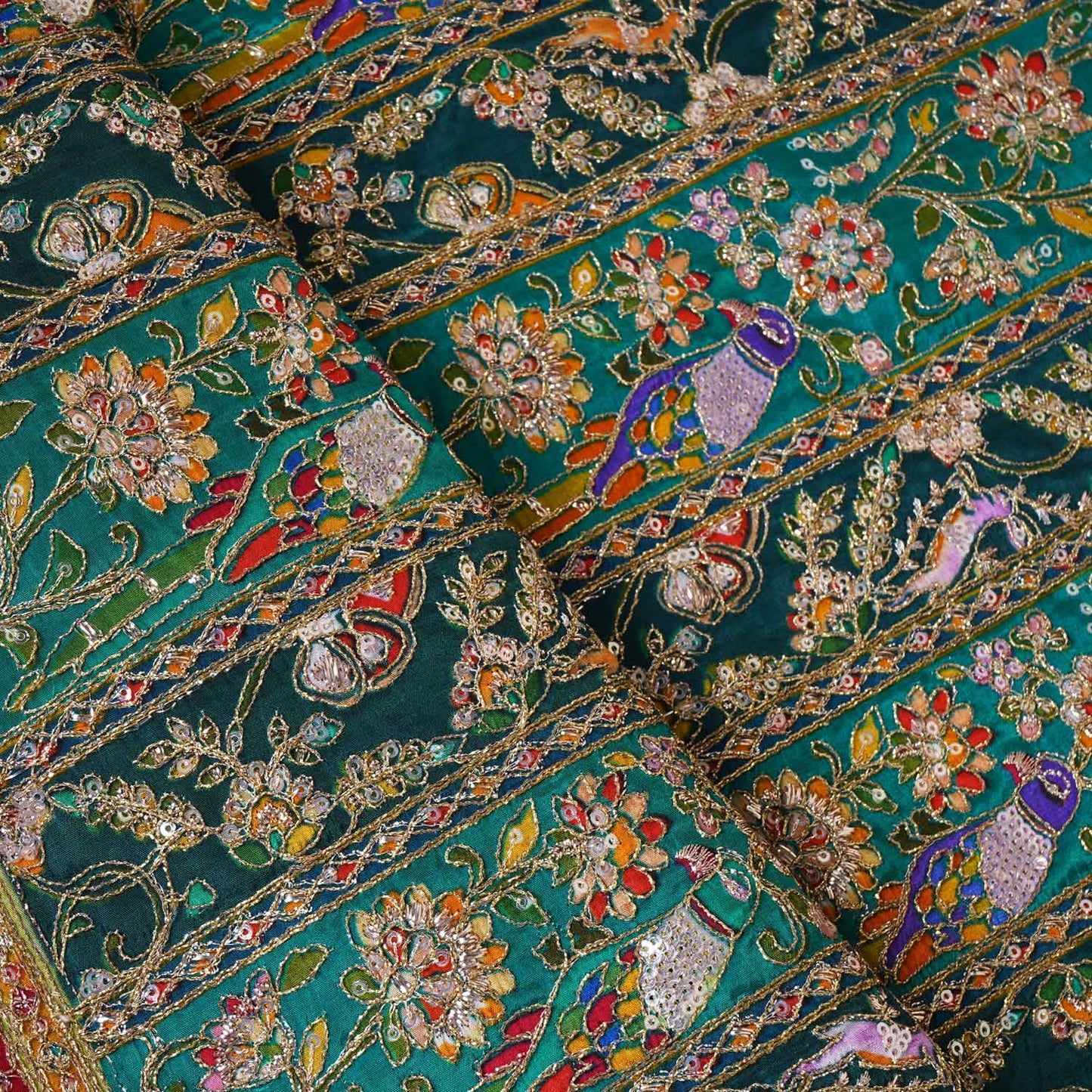 Teal Blue With Multicolour Zari Embroidery Crepe Fabric HCS-27908