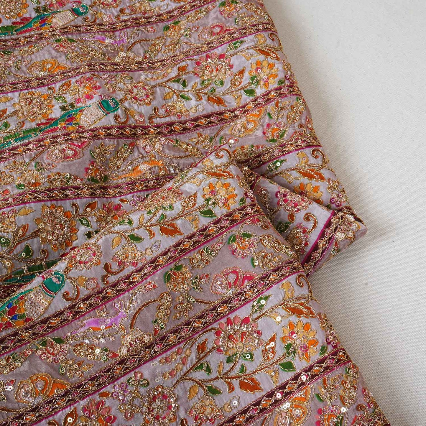 Cream With Multicolour Zari Embroidery Crepe Fabric HCS-27909