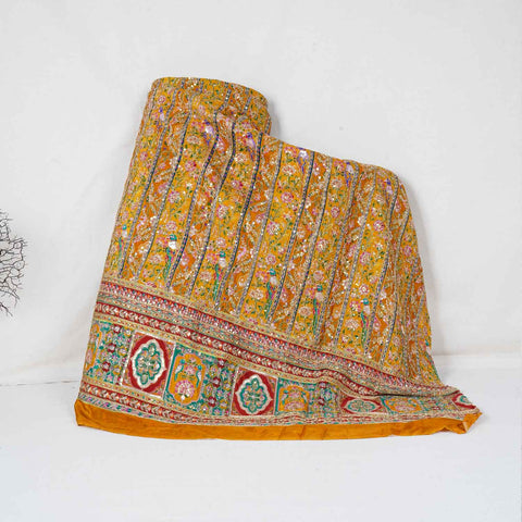 Mustard yellow Multicolour Zari Embroidery Crepe Fabric HCS-27910