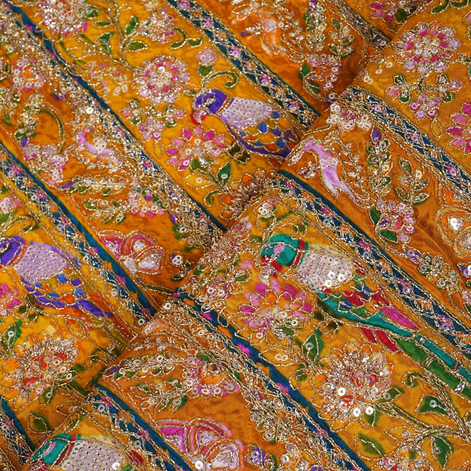 Mustard yellow Multicolour Zari Embroidery Crepe Fabric HCS-27910 - TradeUNO