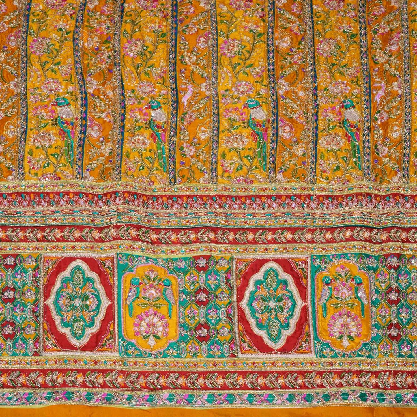 Mustard yellow Multicolour Zari Embroidery Crepe Fabric HCS-27910