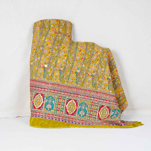 Parrot Green With Multicolour Zari Embroidery Crepe Fabric HCS-27911