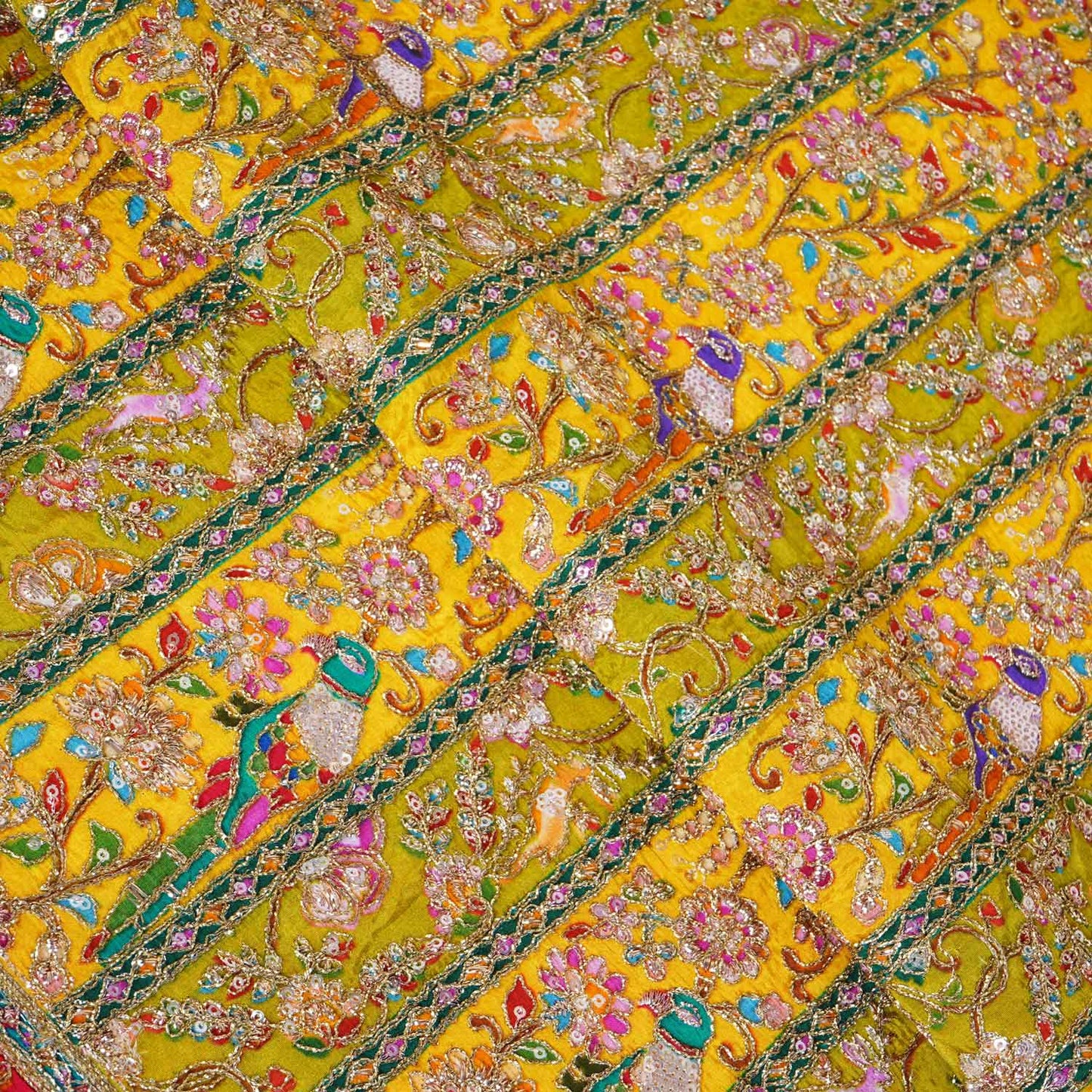 Parrot Green With Multicolour Zari Embroidery Crepe Fabric HCS-27911