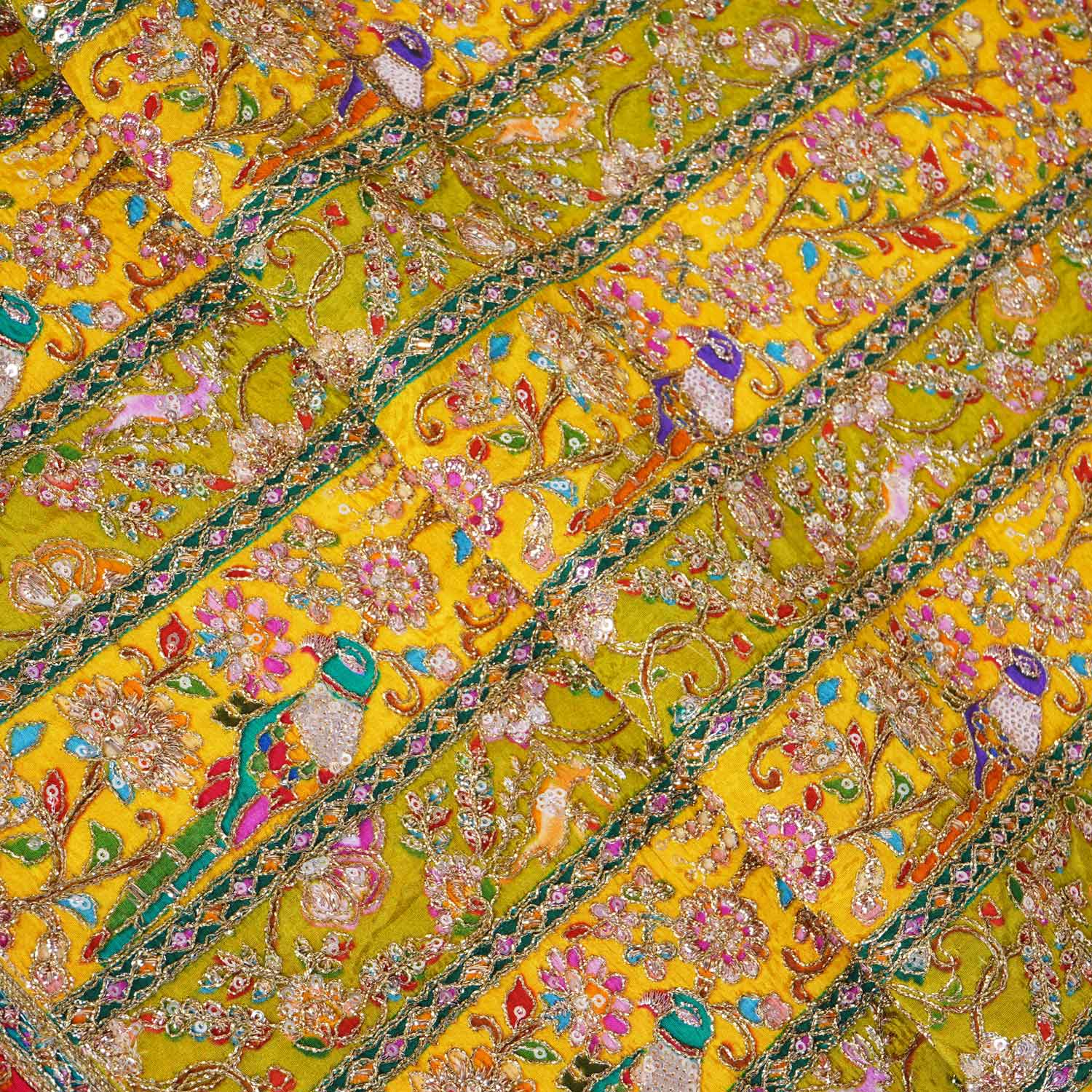 Parrot Green With Multicolour Zari Embroidery Crepe Fabric HCS-27911 - TradeUNO