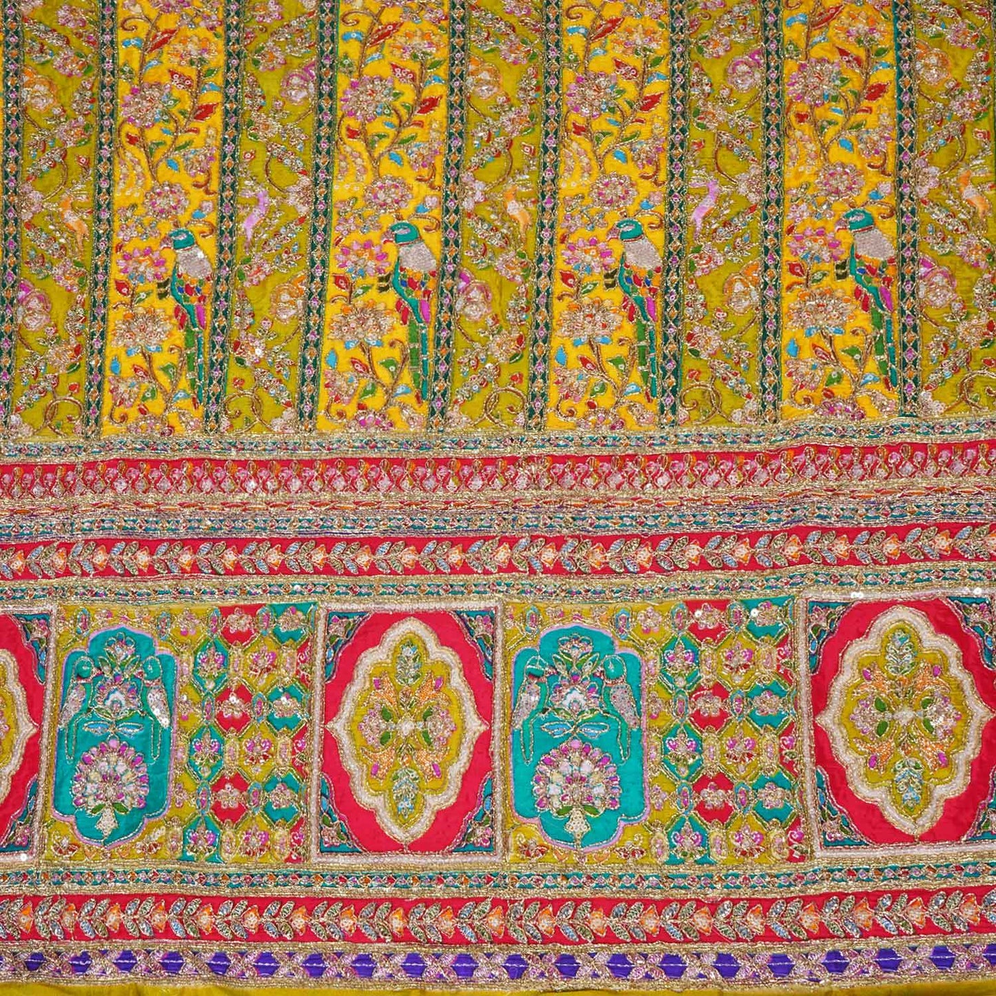 Parrot Green With Multicolour Zari Embroidery Crepe Fabric HCS-27911