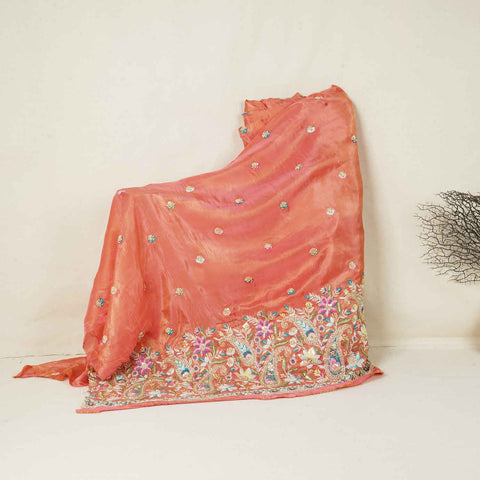 Peach Pink Cutdana Sequins Embroidery Tissue Organza Fabric WI-27926