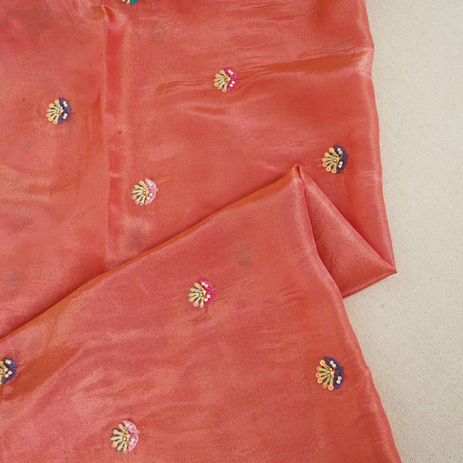 Peach Pink Cutdana Sequins Embroidery Tissue Organza Fabric WI-27926