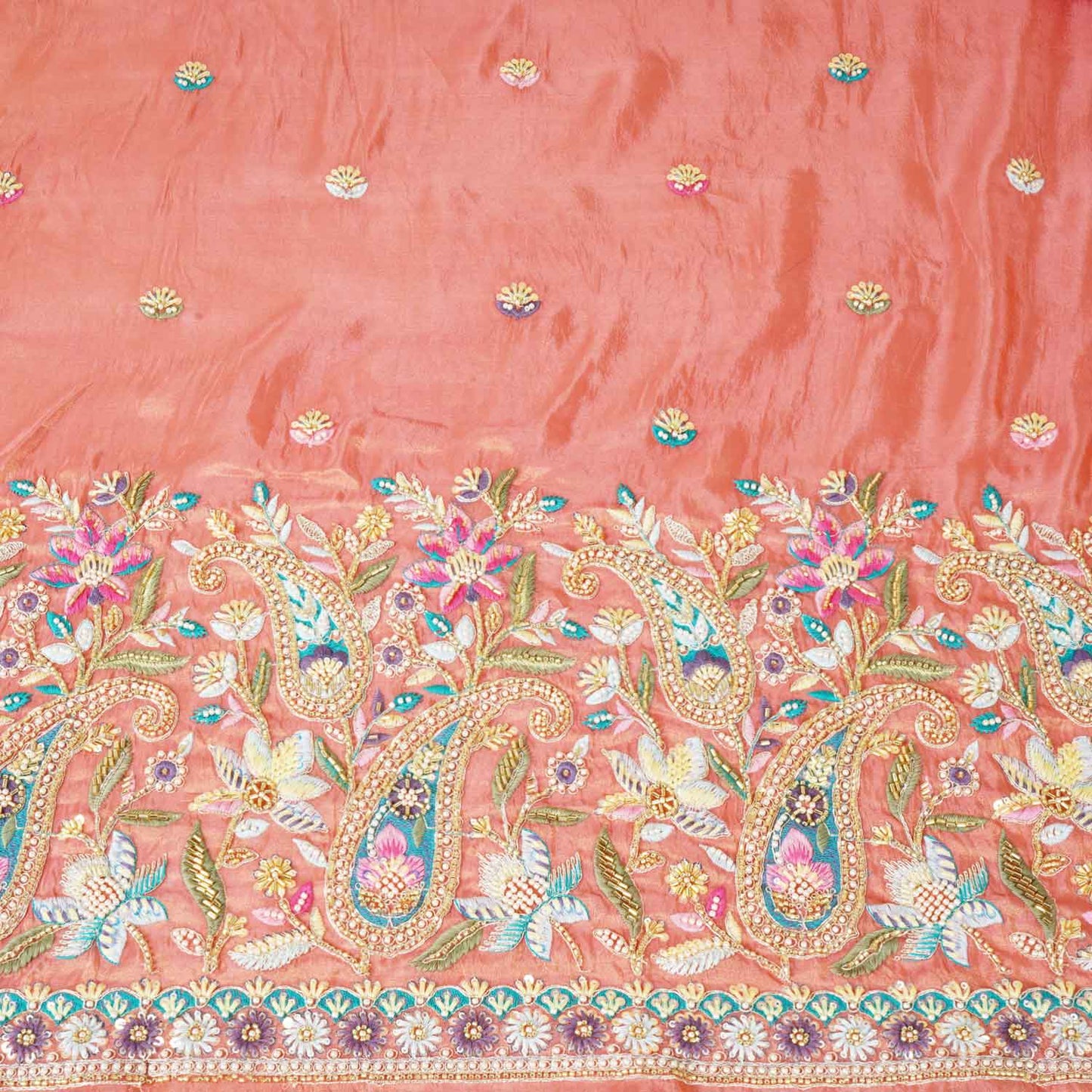 Peach Pink Cutdana Sequins Embroidery Tissue Organza Fabric WI-27926