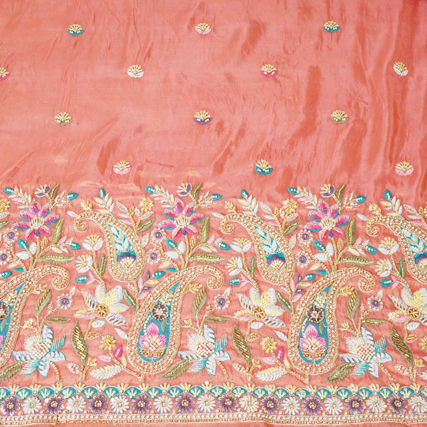 Peach Pink Cutdana Sequins Embroidery Tissue Organza Fabric WI-27926
