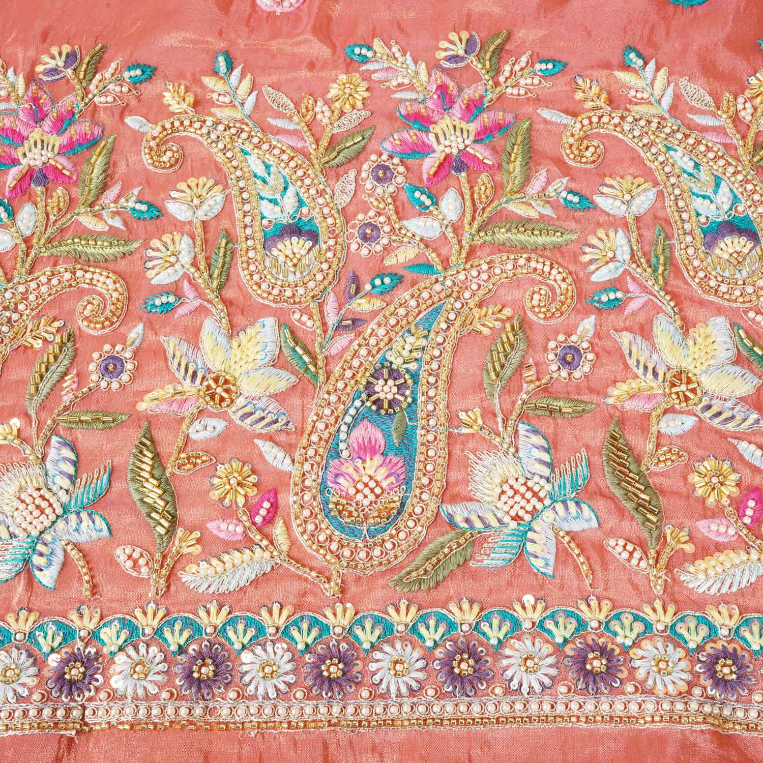 Peach Pink Cutdana Sequins Embroidery Tissue Organza Fabric WI-27926