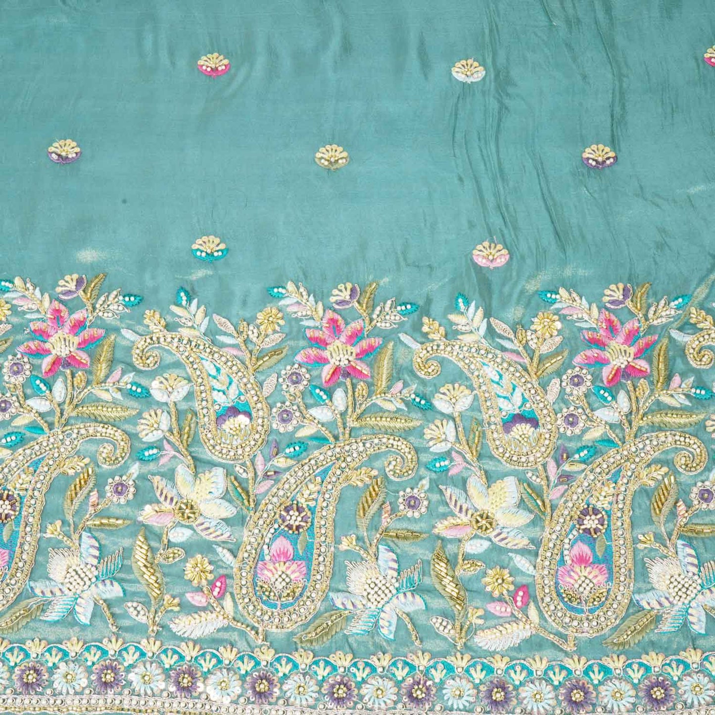 Blue Cutdana Sequins Embroidery Tissue Organza Fabric WI-27927