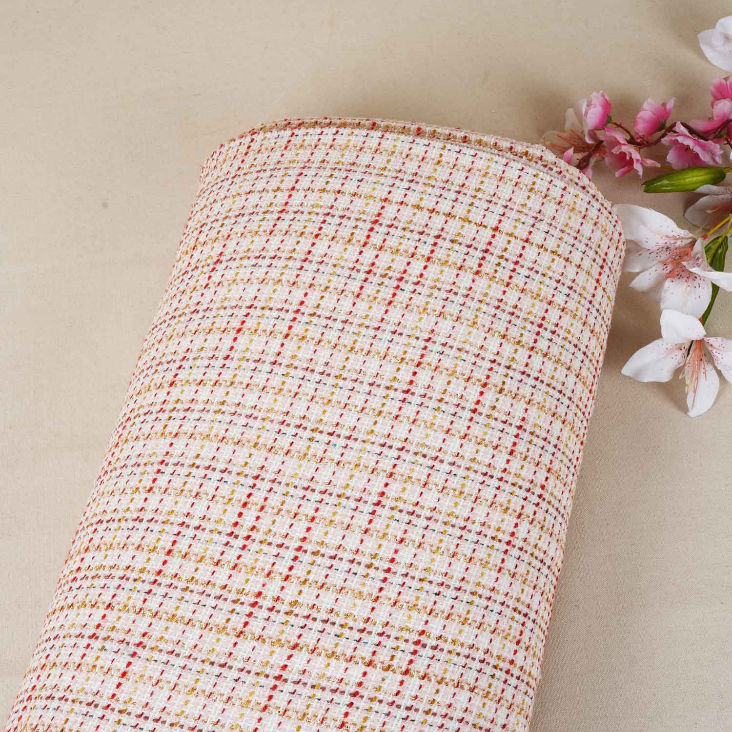 Peach & Red Check Lurex Tweed Fabric EI-27934 - TradeUNO