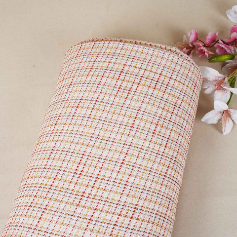 Peach & Red Check Lurex Tweed Fabric EI-27934