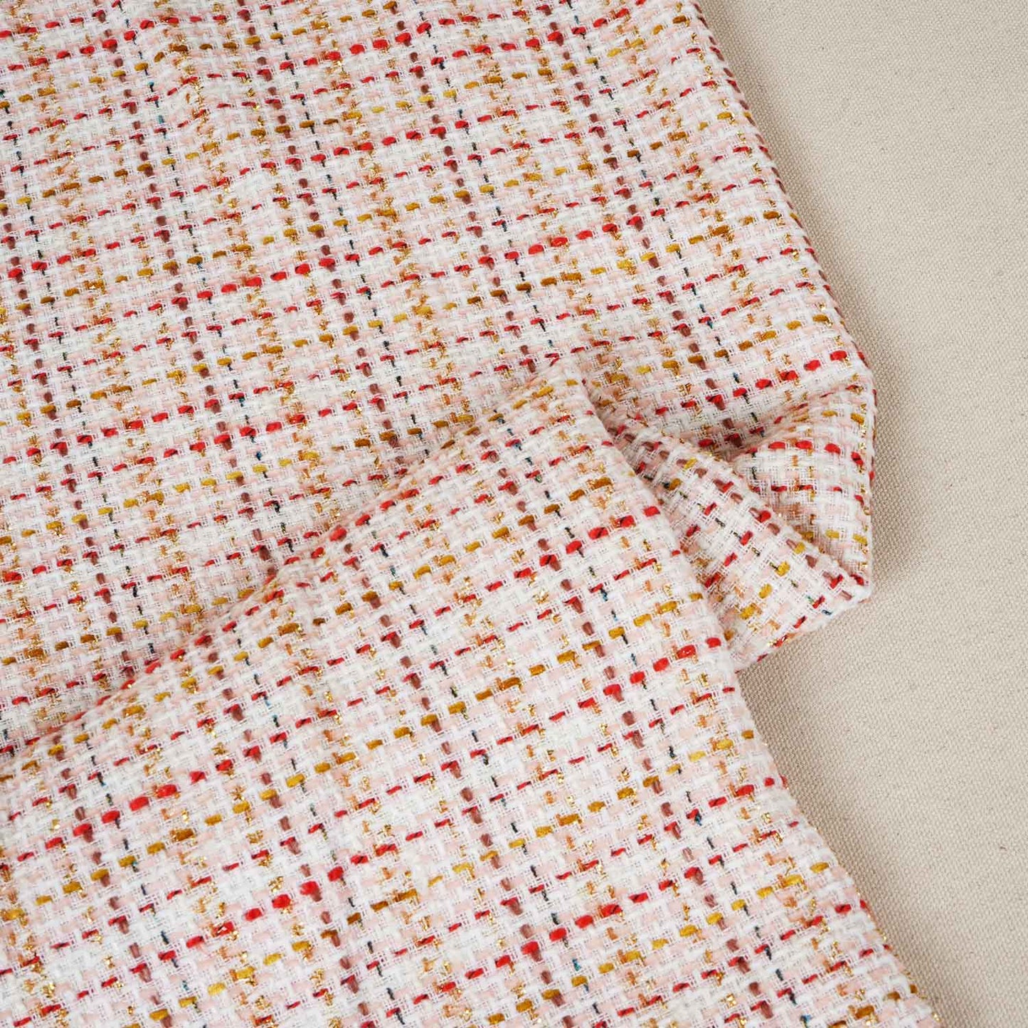 Peach & Red Check Lurex Tweed Fabric EI-27934