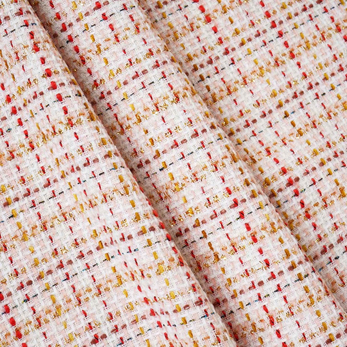 Peach & Red Check Lurex Tweed Fabric EI-27934