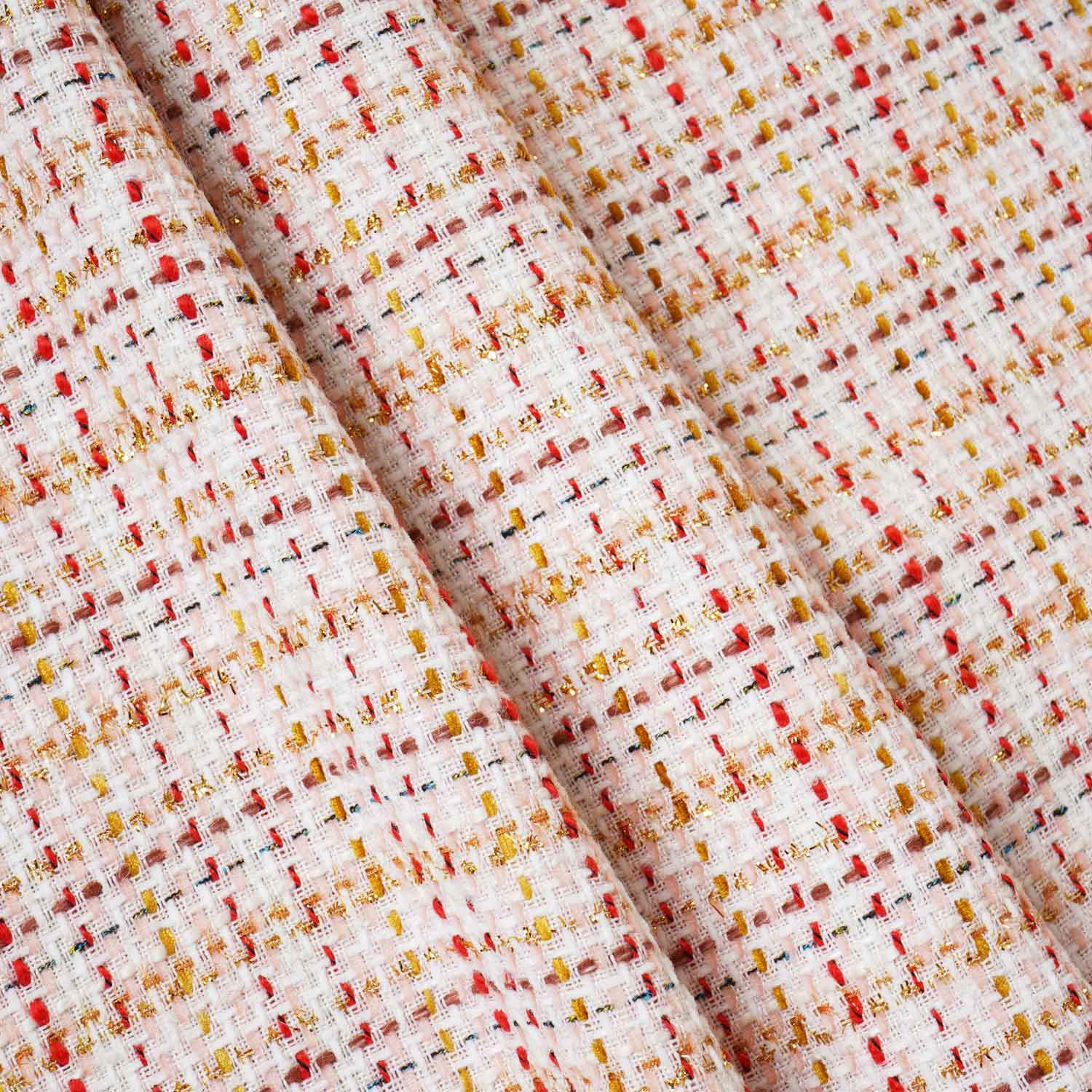 Peach & Red Check Lurex Tweed Fabric EI-27934 - TradeUNO