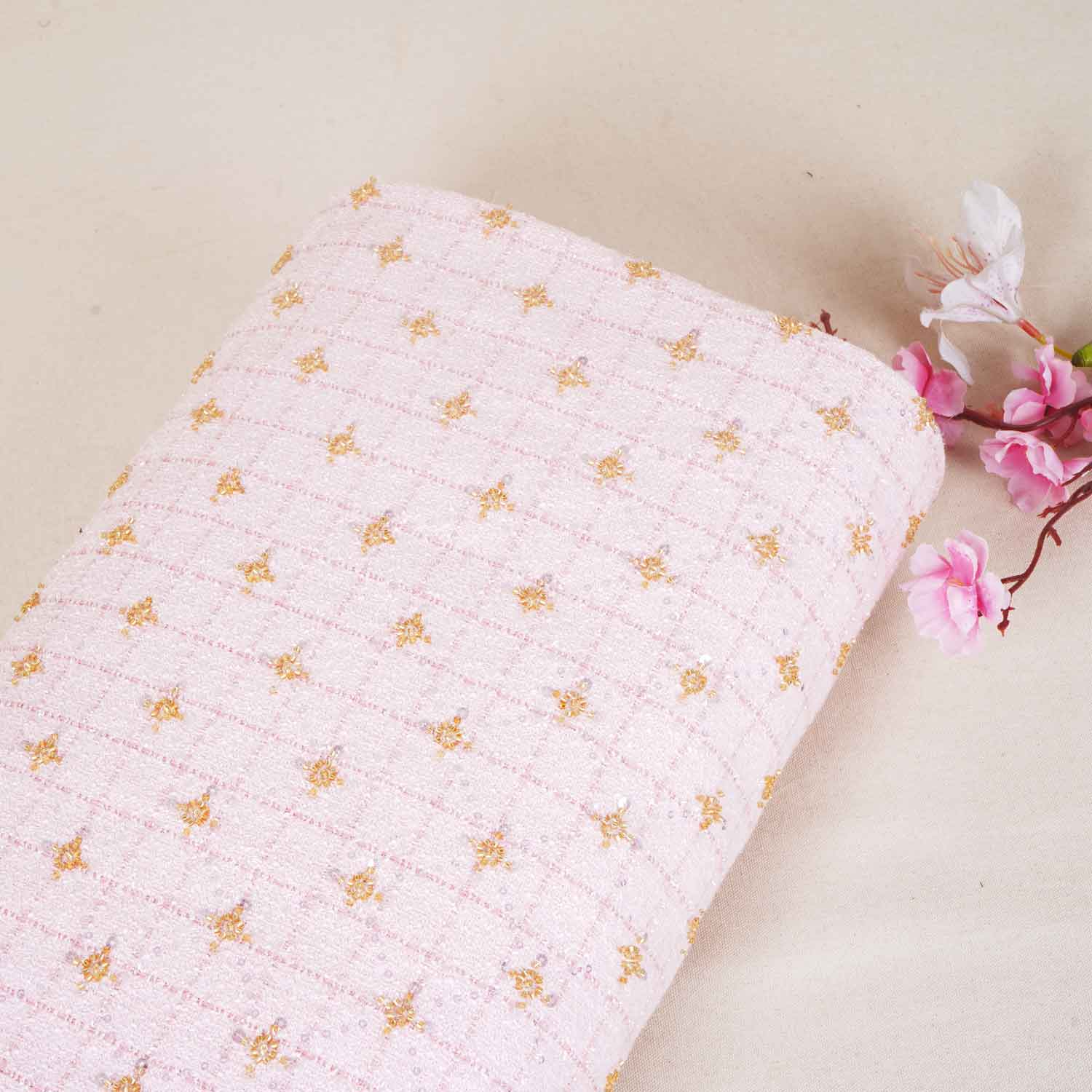 Pink Cutdana Tweed Fabric AF-27964 - TradeUNO