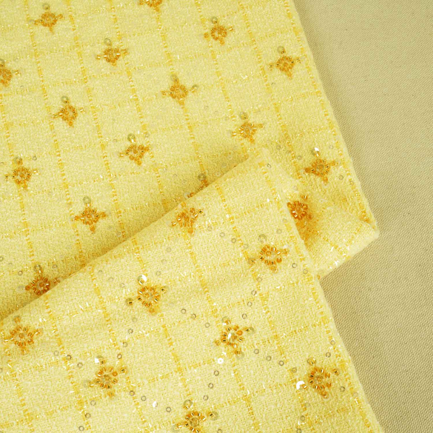 Yellow Cutdana Tweed Fabric AF-27966 - TradeUNO