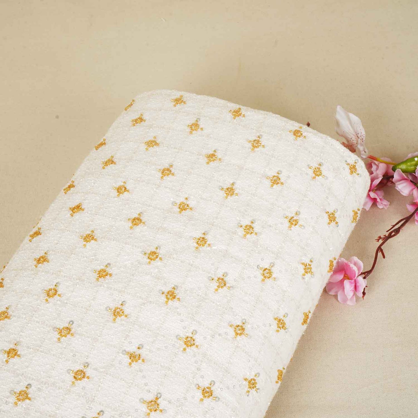 Cream Cutdana Tweed Fabric AF-27967