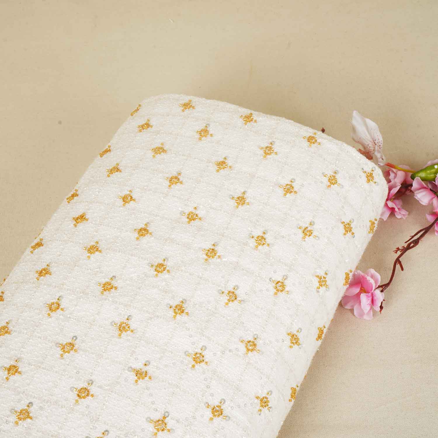 Cream Cutdana Tweed Fabric AF-27967 - TradeUNO