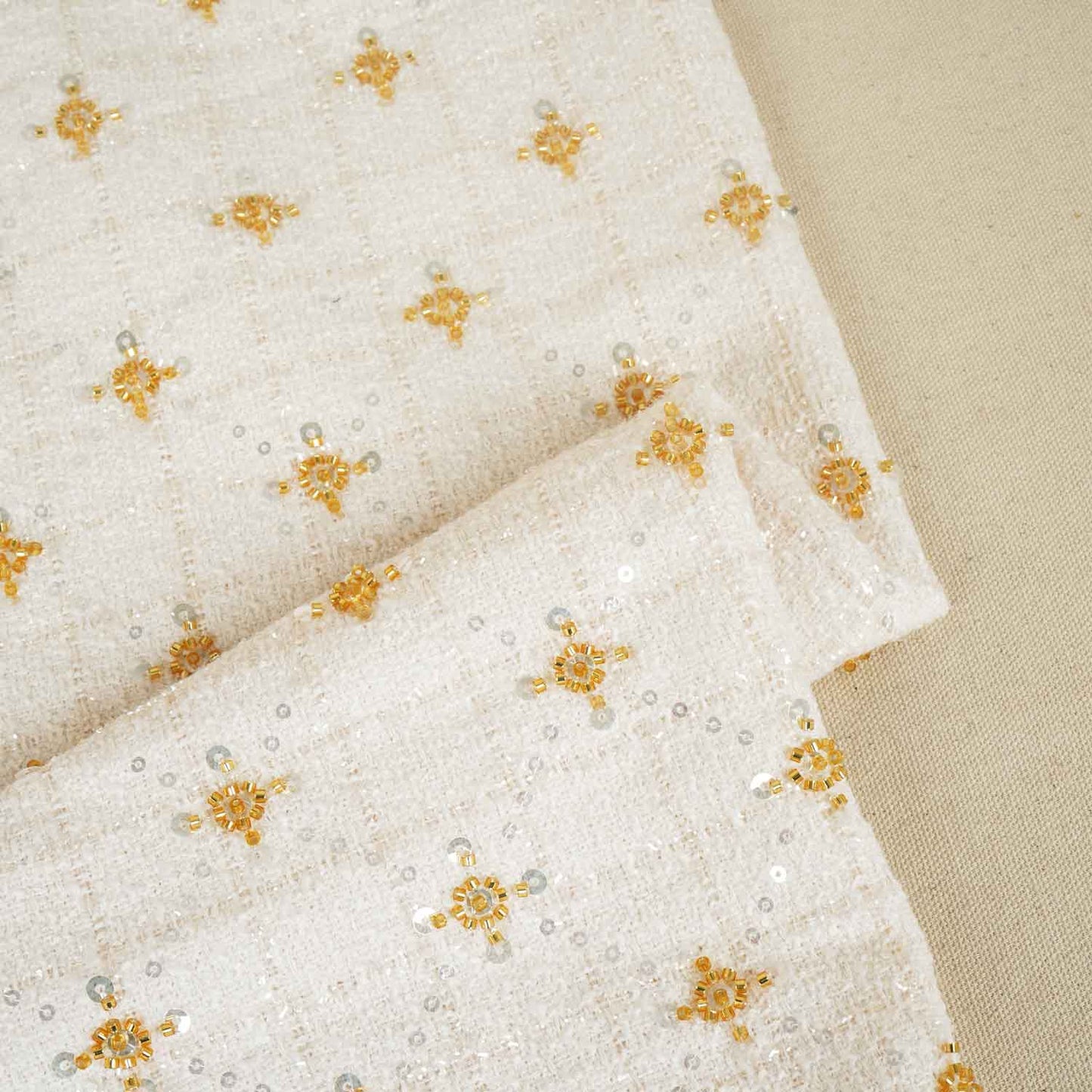 Cream Cutdana Tweed Fabric AF-27967