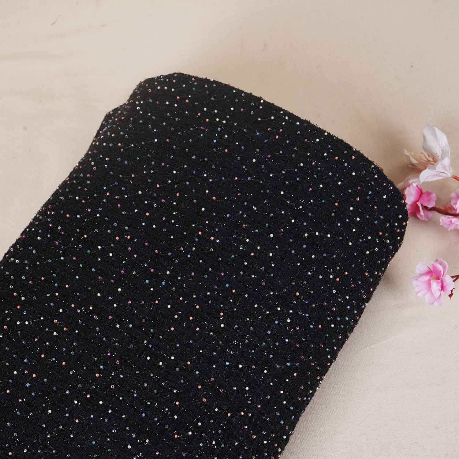 Black Cutdana Tweed Fabric AF-27968 - TradeUNO