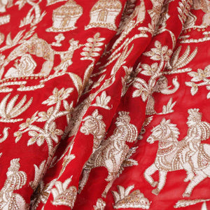 Red Zari Embroidery Georgette fabric DR-27969 - TradeUNO