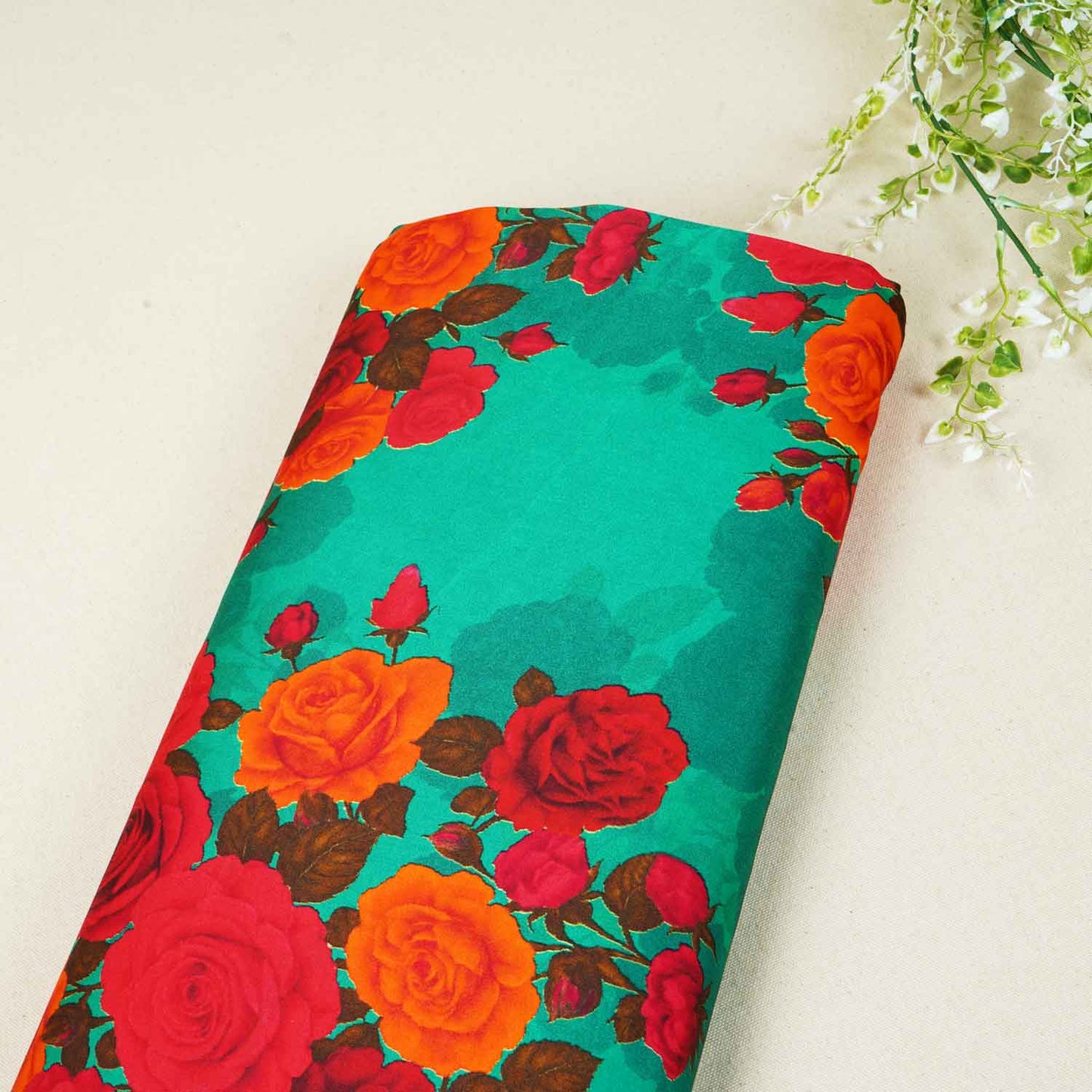 Green Floral Print Modal Satin Fabric MT-27987