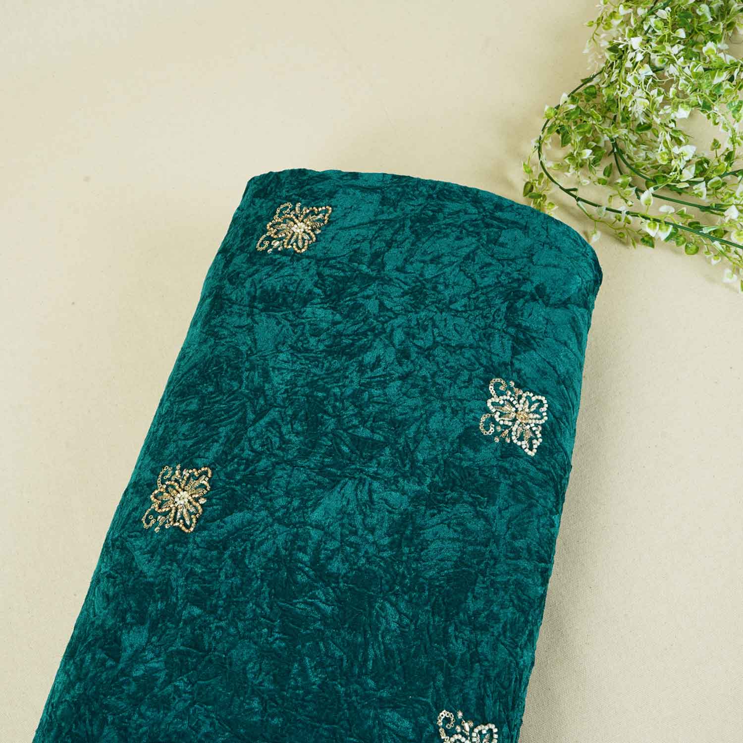 Teal Green Floral Cutdana Crushed Velvet 9000 SC-27990 - TradeUNO