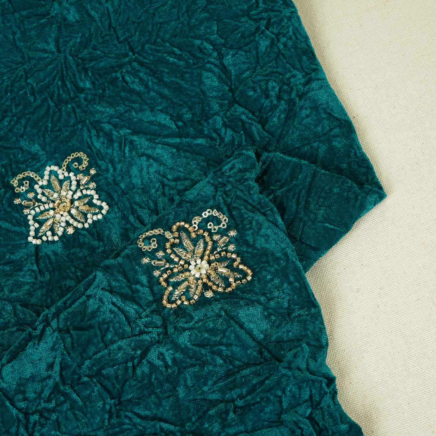 Teal Green Floral Cutdana Crushed Velvet 9000 SC-27990 - TradeUNO