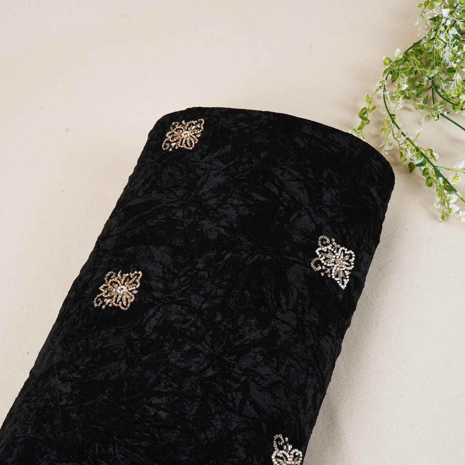 Black Floral Cutdana Crushed Velvet 9000 SC-27993 - TradeUNO