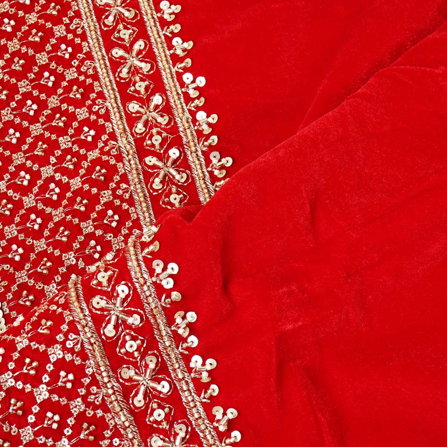 Red Border Work Cutdana Embroidery Micro Velvet 9000 SC-27996