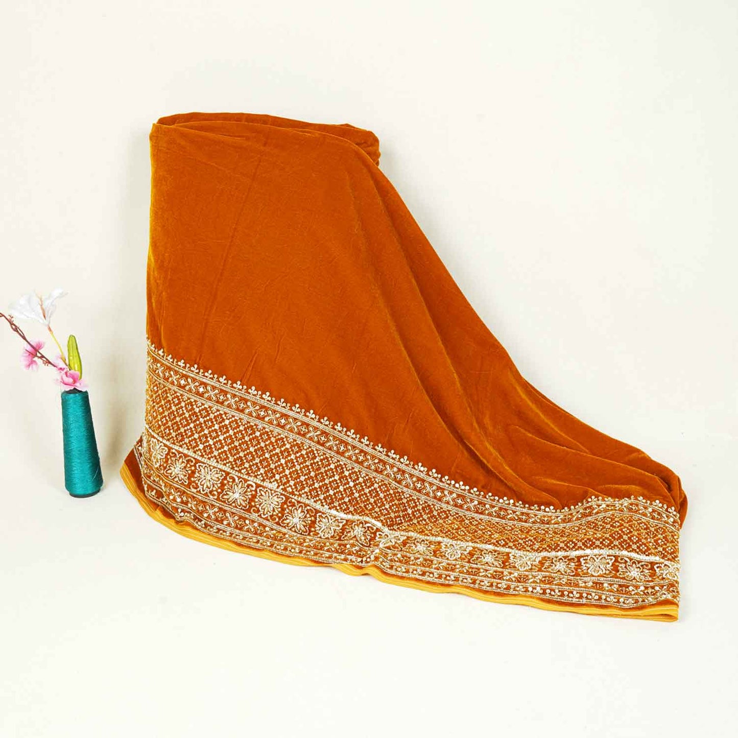 Mustard Border Work Cutdana Embroidery Micro Velvet 9000 SC-27997