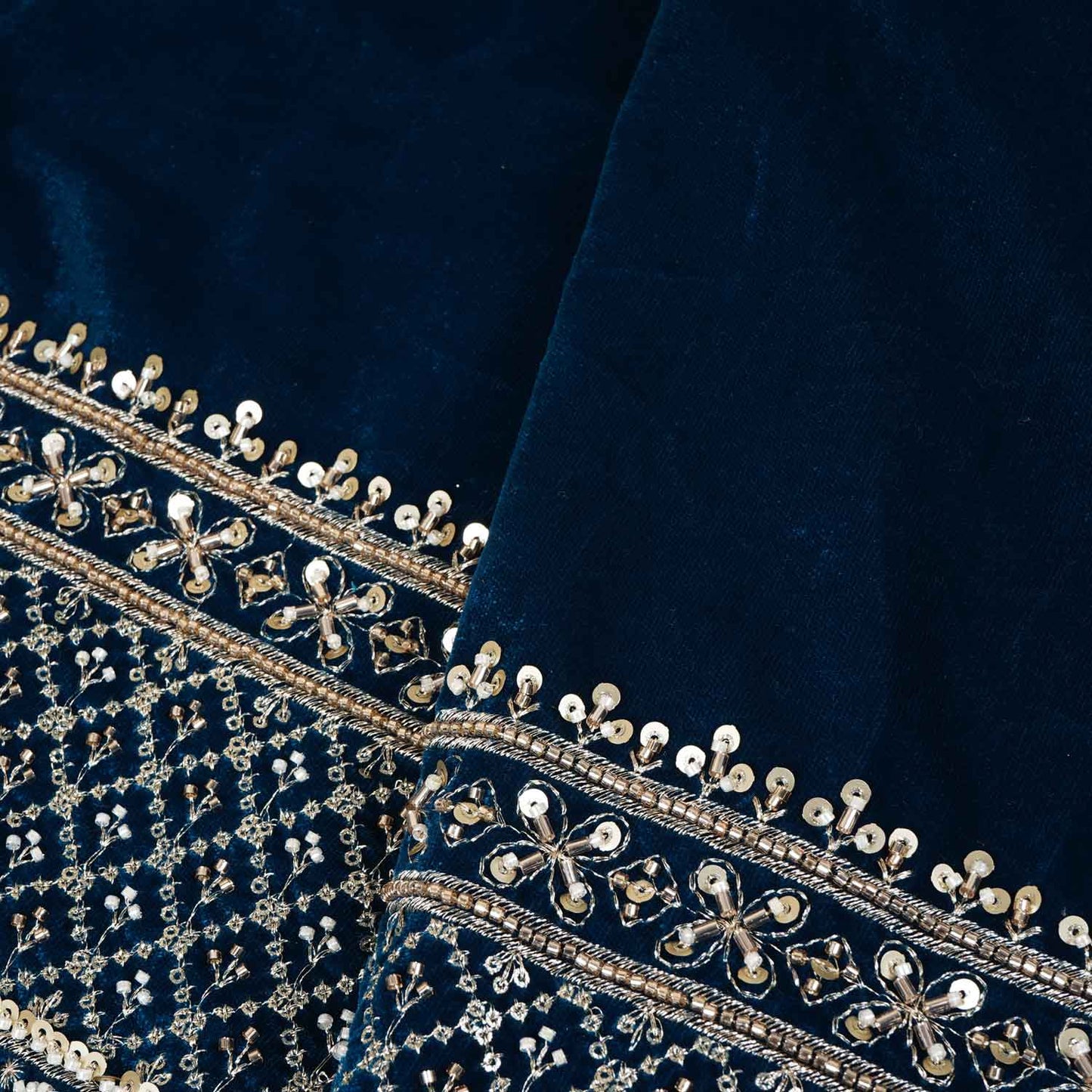 Teal Blue Border Work Cutdana Embroidery Micro Velvet 9000 SC-27998