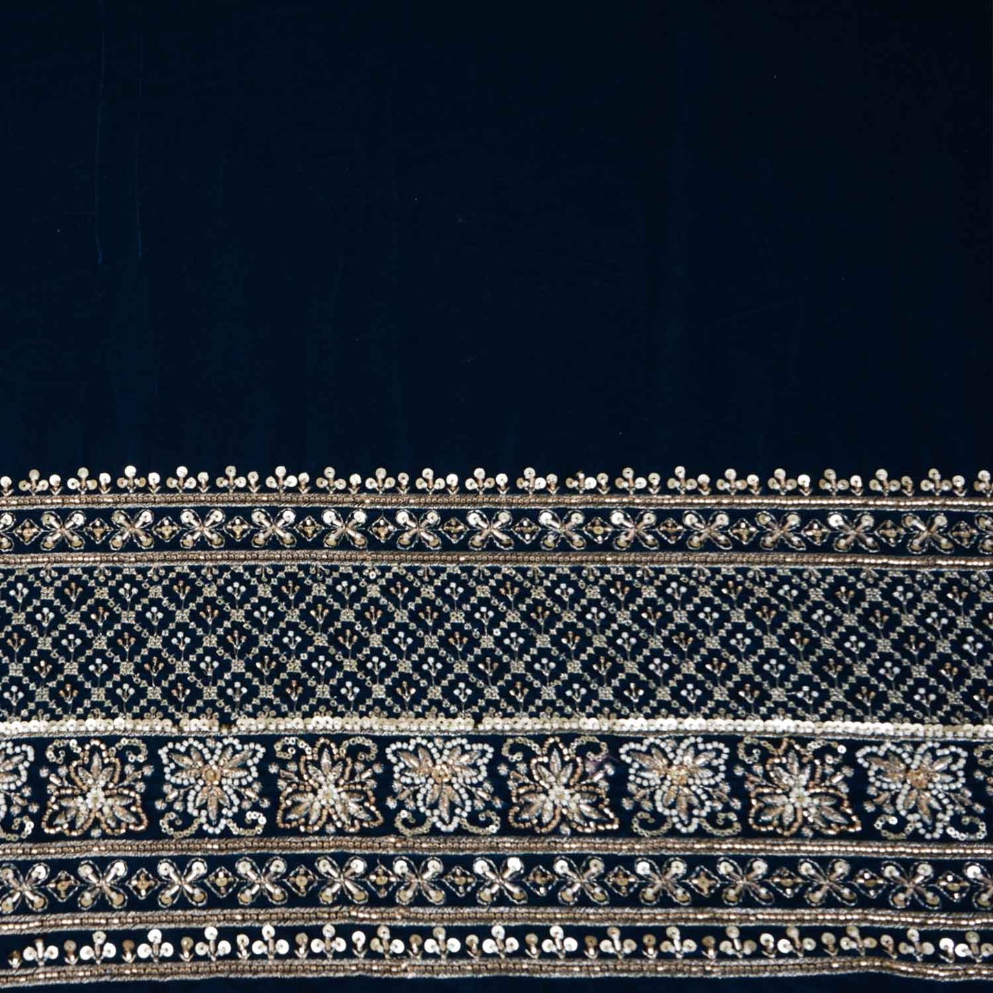 Teal Blue Border Work Cutdana Embroidery Micro Velvet 9000 SC-27998